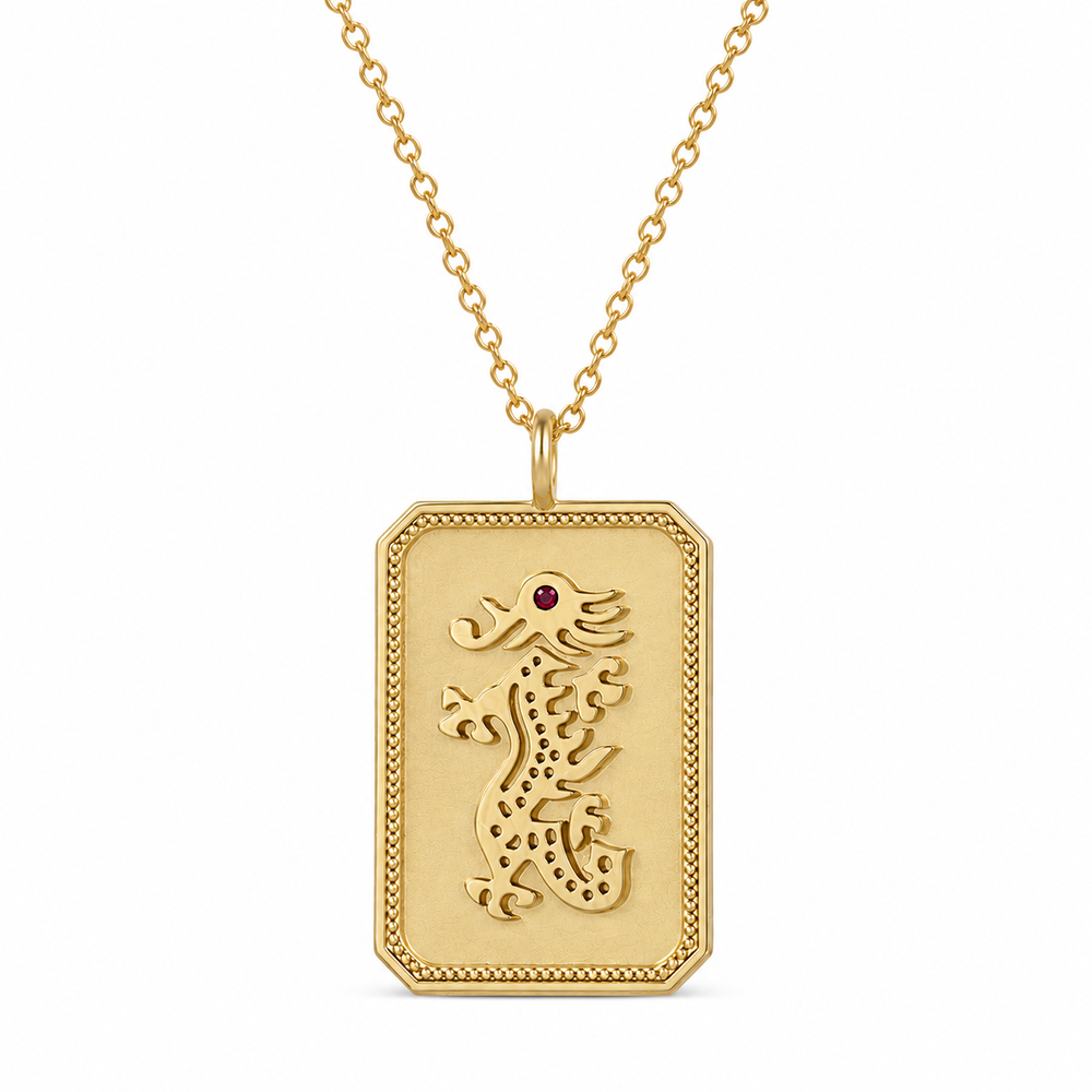 Gold-Plated Mahjong Dragon Charm Necklace With Ruby Gemstone