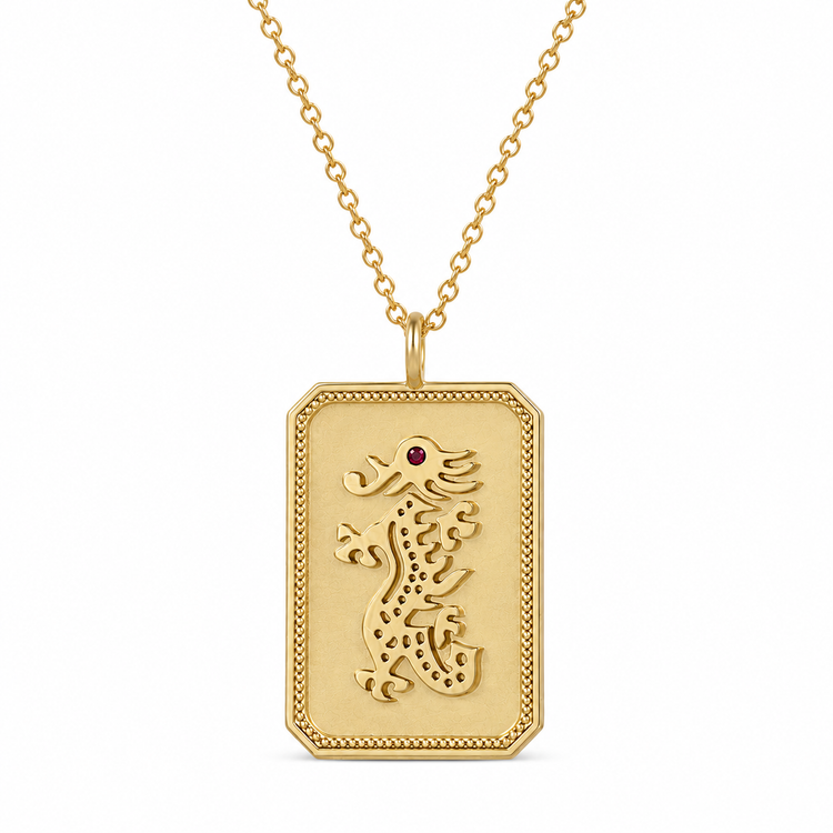 Gold-Plated Mahjong Dragon Charm Necklace With Ruby Gemstone