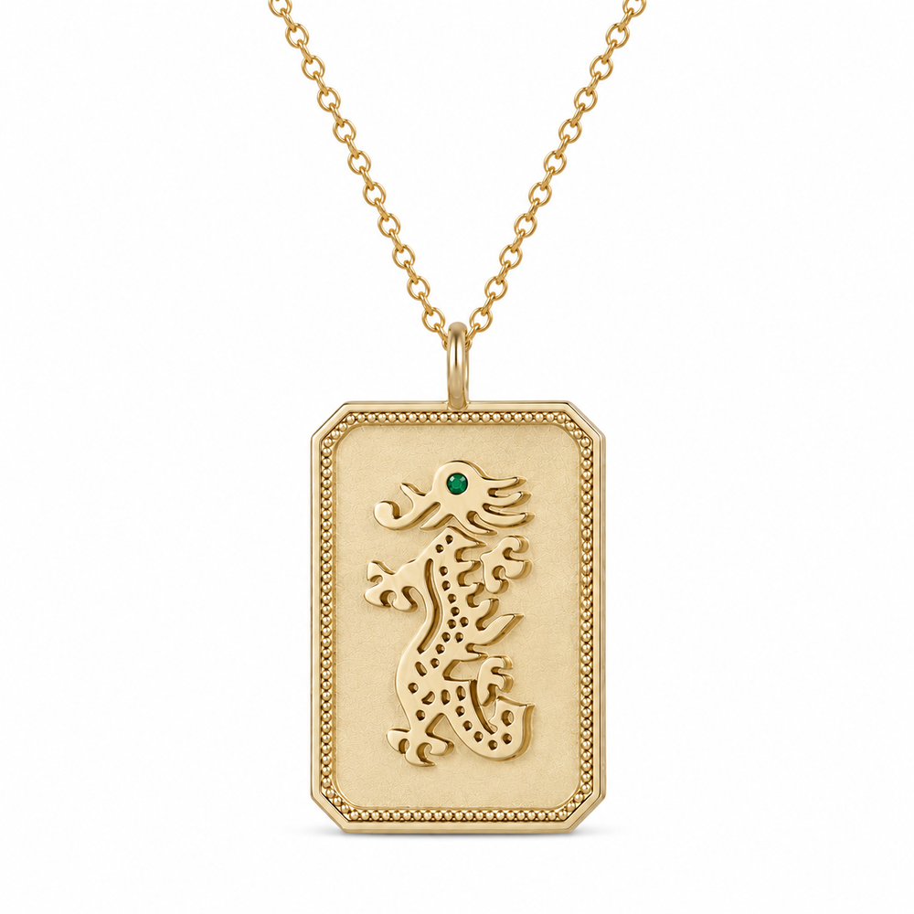 Gold-Plated Mahjong Dragon Charm Necklace With Emerald Gemstone