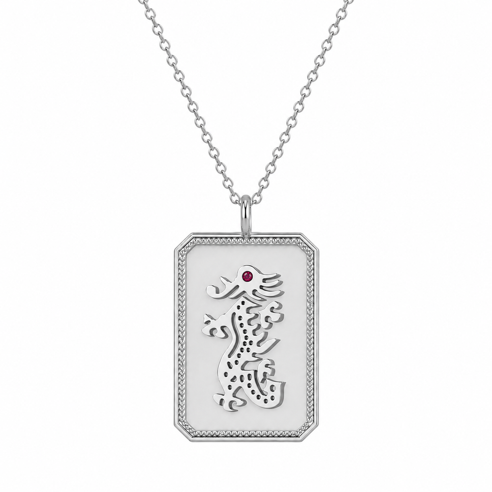 Sterling Silver Mahjong Dragon Charm Necklace With Ruby Gemstone