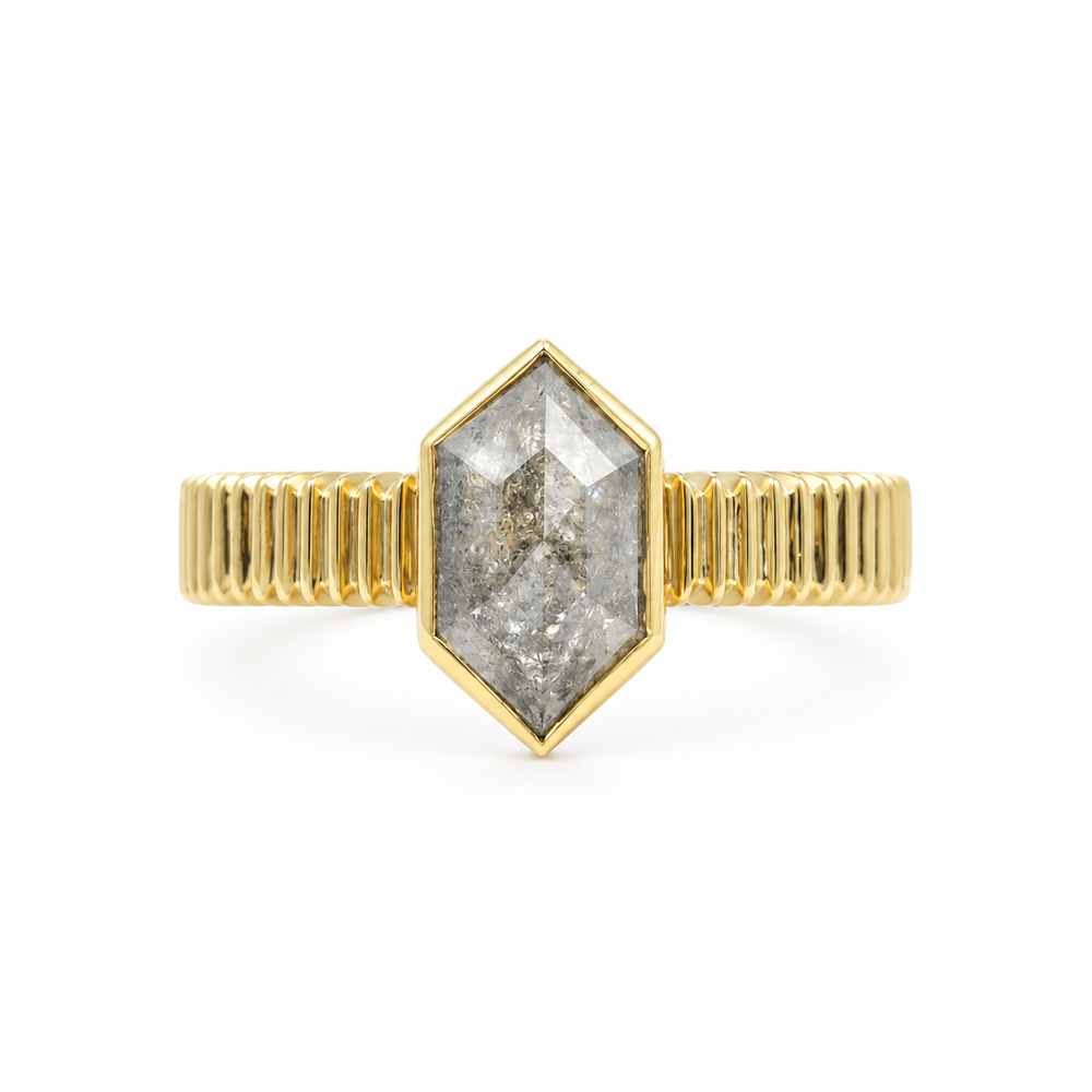 14ky 1.63ct Hexagon Salt & Pepper Bezel Wide Ribbed Diamond Ring