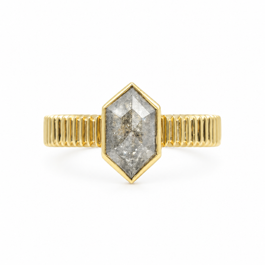 14ky 1.63ct Hexagon Salt & Pepper Bezel Wide Ribbed Diamond Ring
