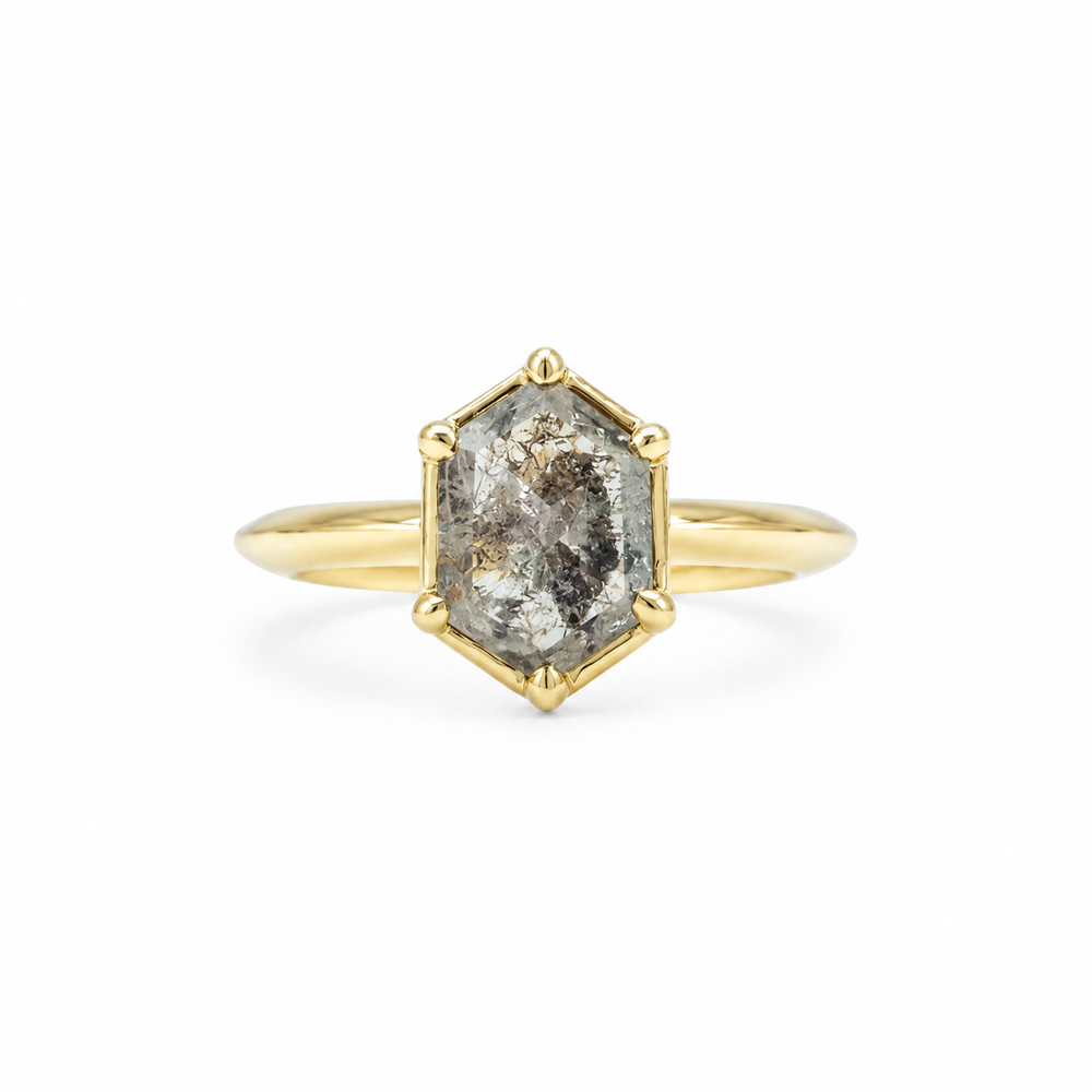 14ky 1.35ct Hexagon Salt & Pepper Crown Ring