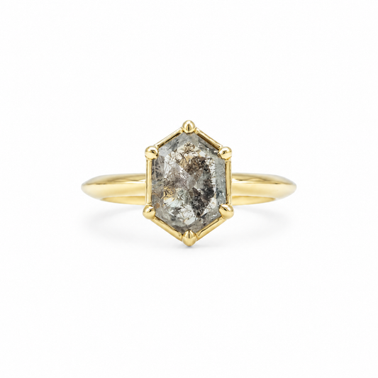 14ky 1.35ct Hexagon Salt & Pepper Crown Ring