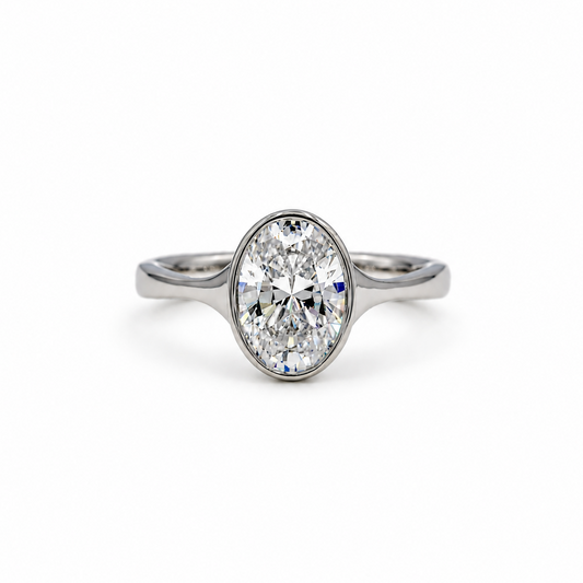 Platinum Oval-Cut Bezel Tapered Cathedral Diamond Ring