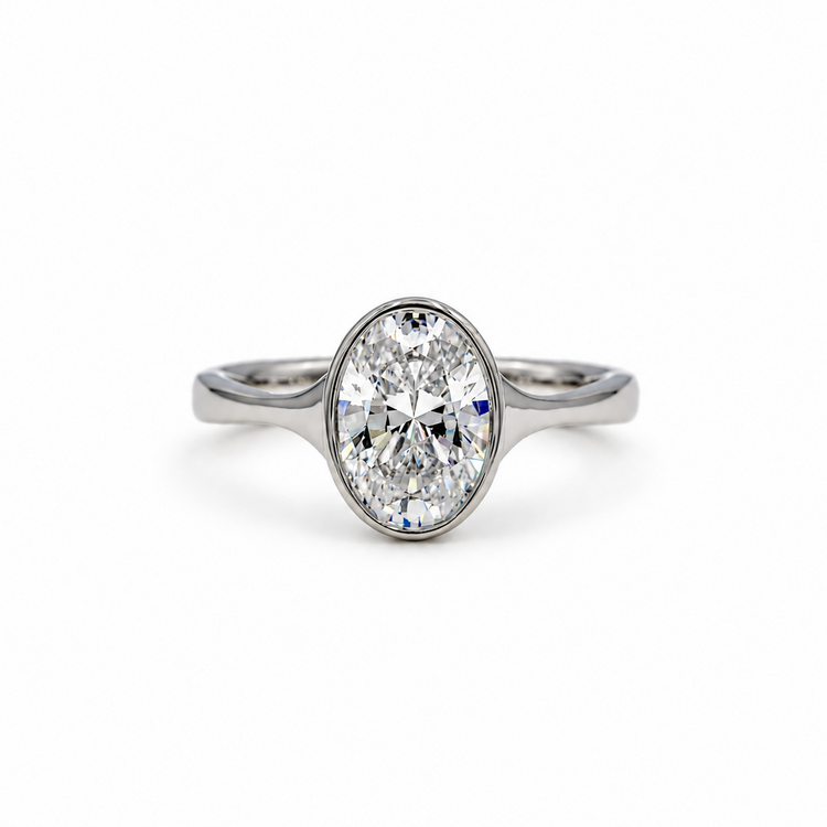 Platinum Oval-Cut Bezel Tapered Cathedral Diamond Ring