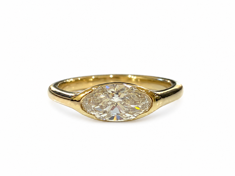 14ky 1.05ct Moval E VVS2 East-West Half-Bezel Tapered Signet Lab Grown Diamond Ring