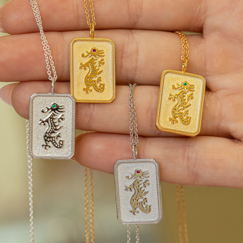 Gold-Plated Mahjong Dragon Charm Necklace With Emerald Gemstone