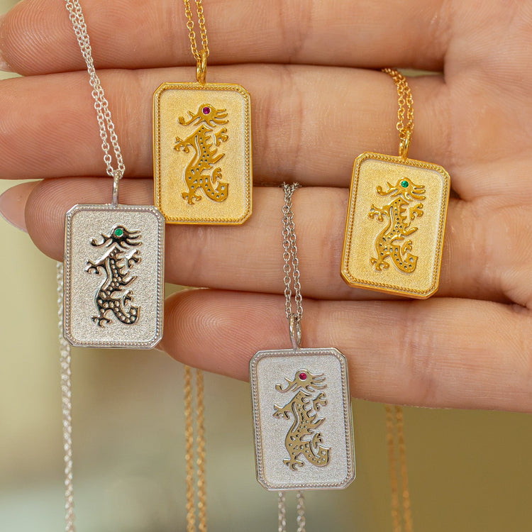 Sterling Silver Mahjong Dragon Charm Necklace With Ruby Gemstone