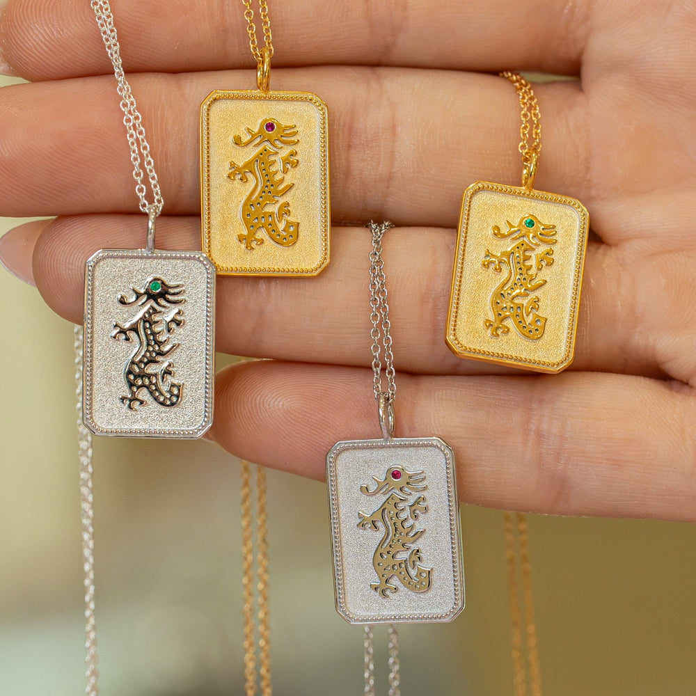 Sterling Silver Mahjong Dragon Necklace with Emerald Gemstone