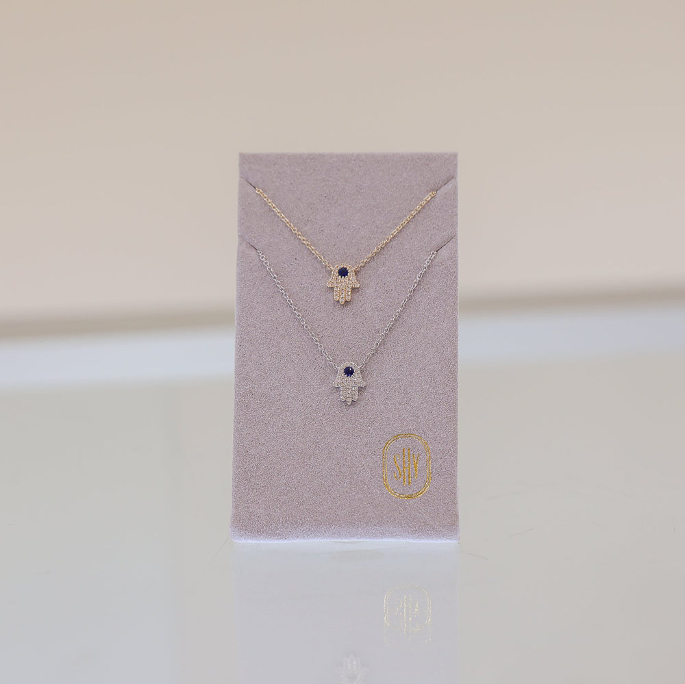 14kw .17ctw Diamond & Sapphire Hamsa Necklace