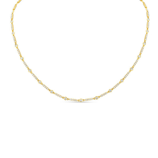 18ky 3.02ctw Round Bezel Link and Pave Bar Diamond Necklace