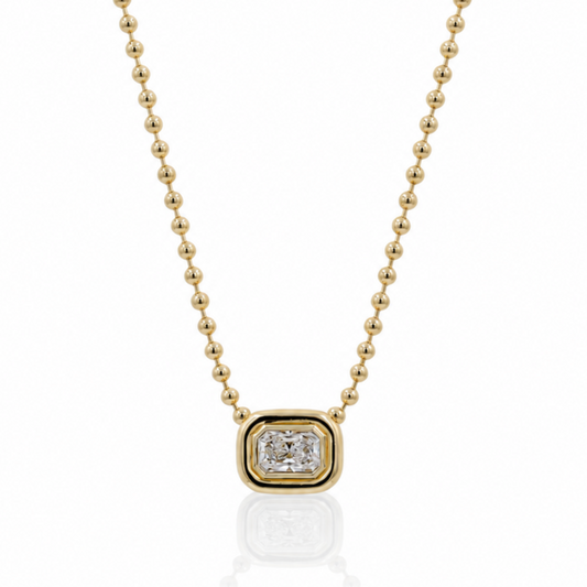 14ky 2ct Radiant Lab Grown East-West Puffy Bezel Necklace with Ball Chain