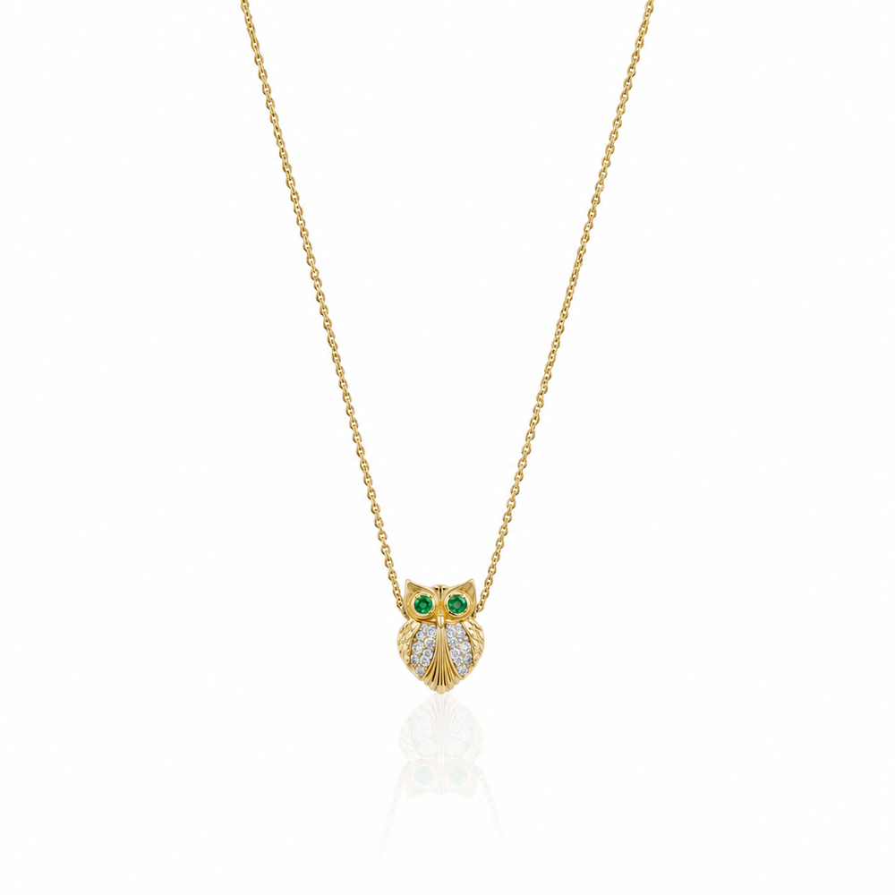 14ky Emerald & Diamond Tiny Owl Pendant Necklace