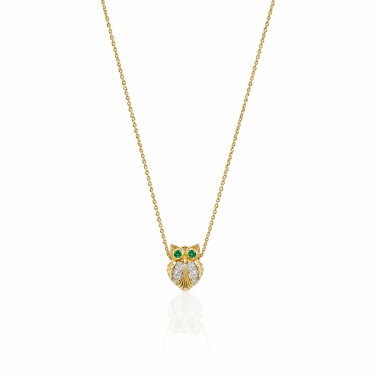 14ky Emerald & Diamond Tiny Owl Pendant Necklace
