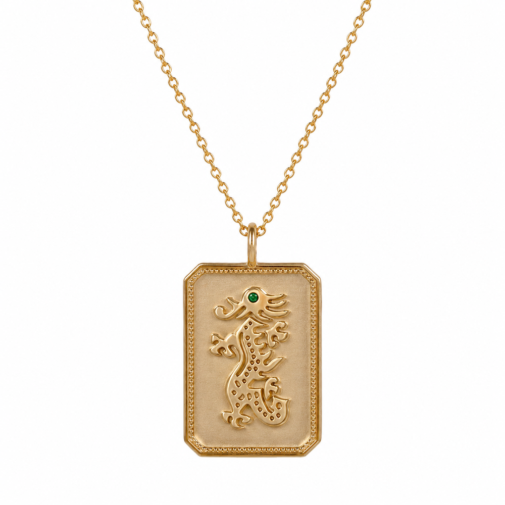 14ky Mahjong Dragon Charm Necklace with Emerald Gemstone
