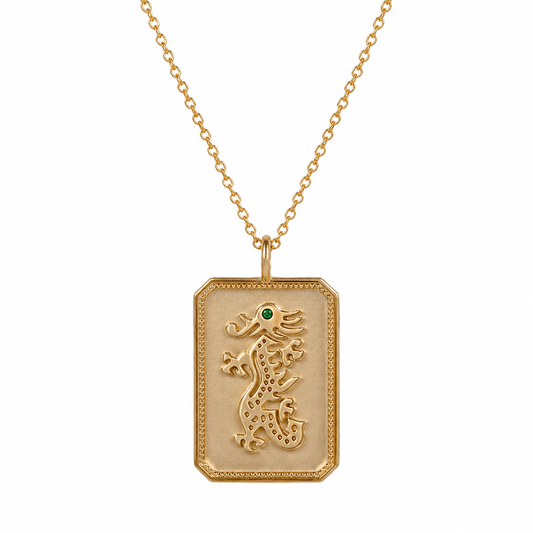 14ky Mahjong Dragon Charm Necklace with Emerald Gemstone
