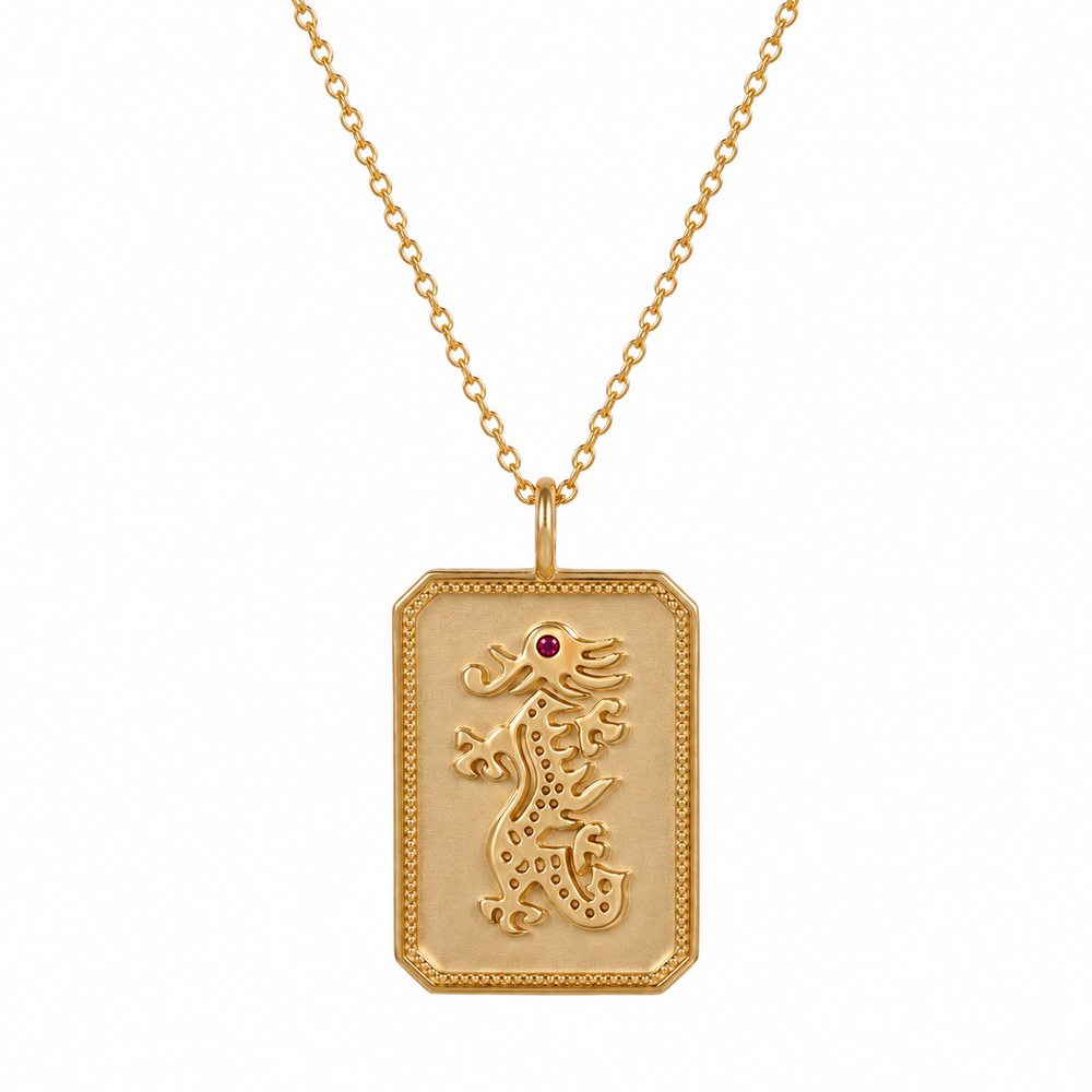 14ky Mahjong Dragon Charm Necklace With Ruby Gemstone