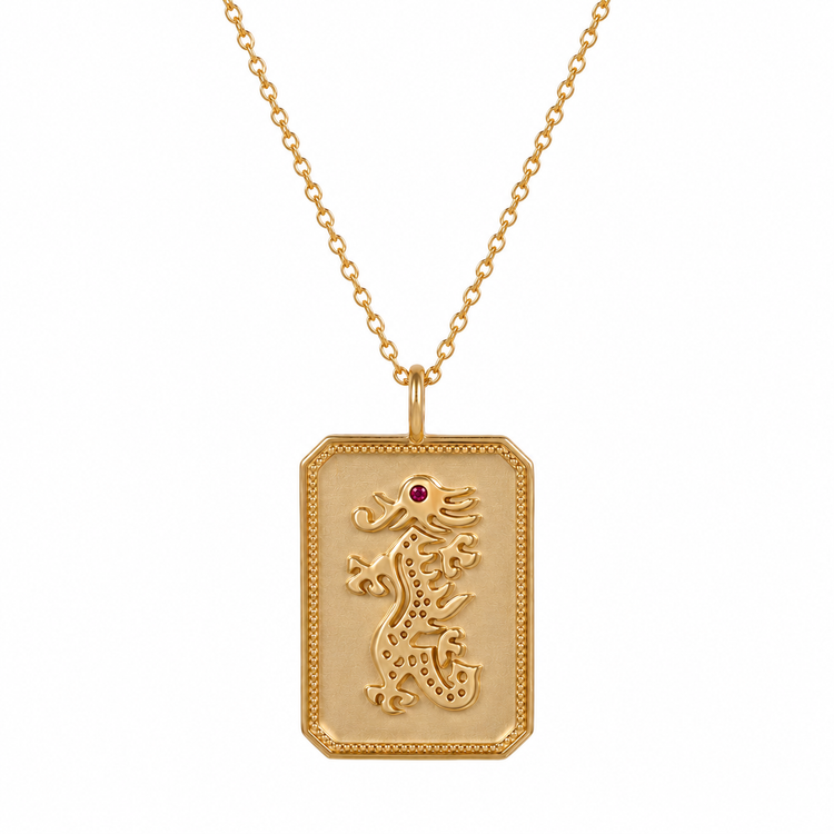 14ky Mahjong Dragon Charm Necklace With Ruby Gemstone