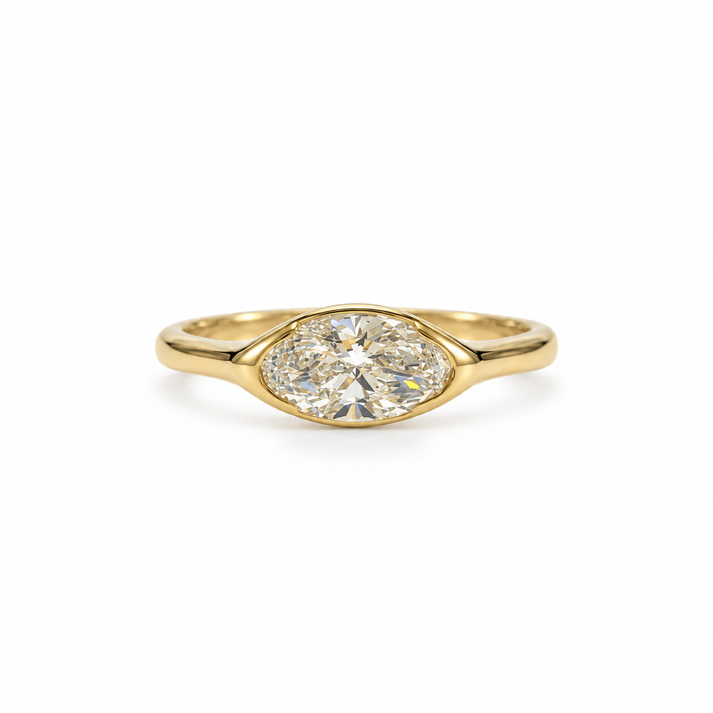 14ky 1.05ct Moval E VVS2 East-West Half-Bezel Tapered Signet Lab Grown Diamond Ring