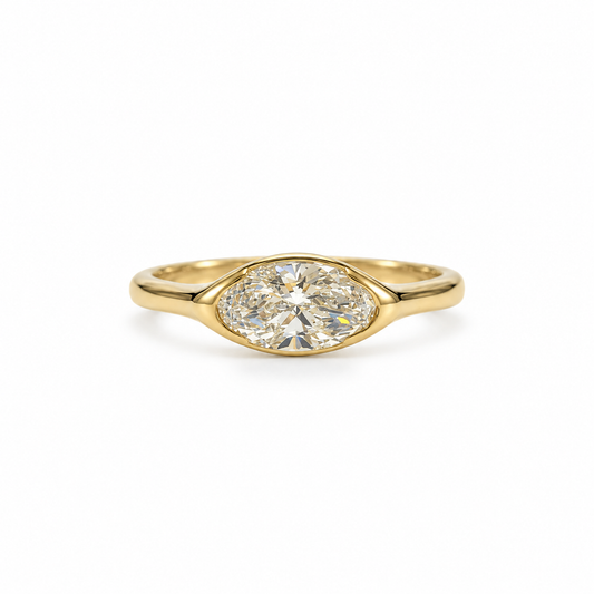 14ky 1.05ct Moval E VVS2 East-West Half-Bezel Tapered Signet Lab Grown Diamond Ring