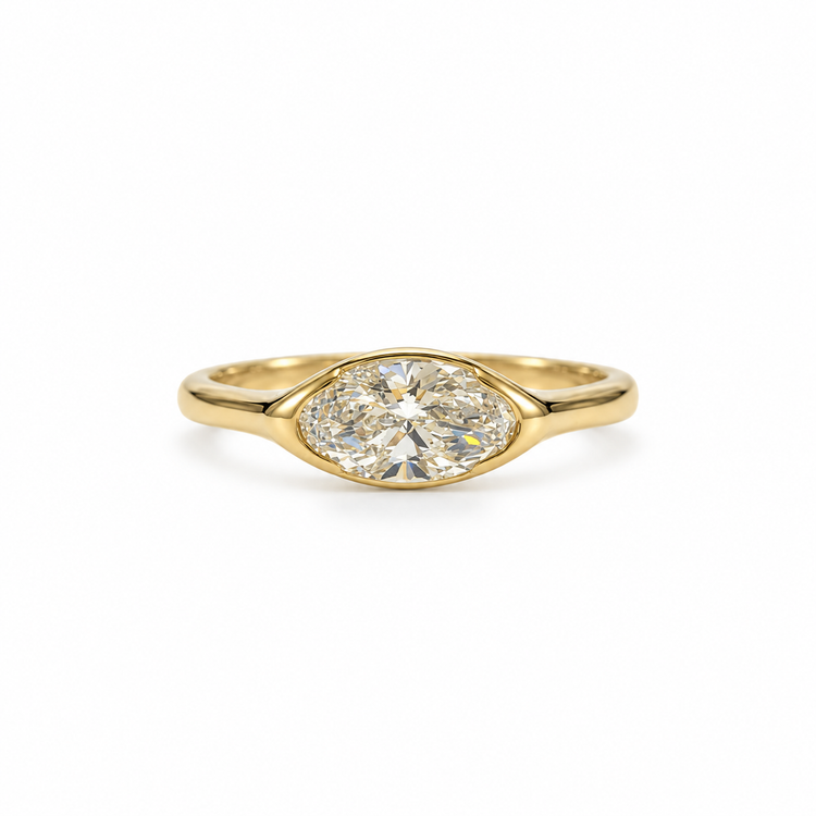 14ky 1.05ct Moval E VVS2 East-West Half-Bezel Tapered Signet Lab Grown Diamond Ring