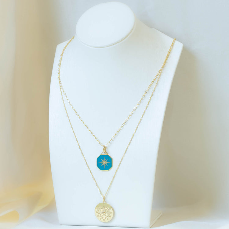 Teal Enamel Medallion Charm Necklace