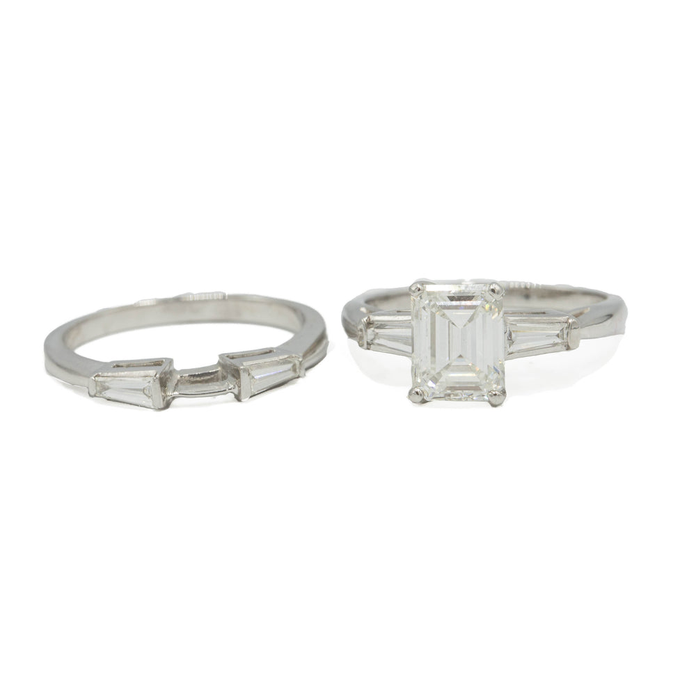 Platinum 1.61ct Emerald with Tapered Baguette Vintage Diamond Ring
