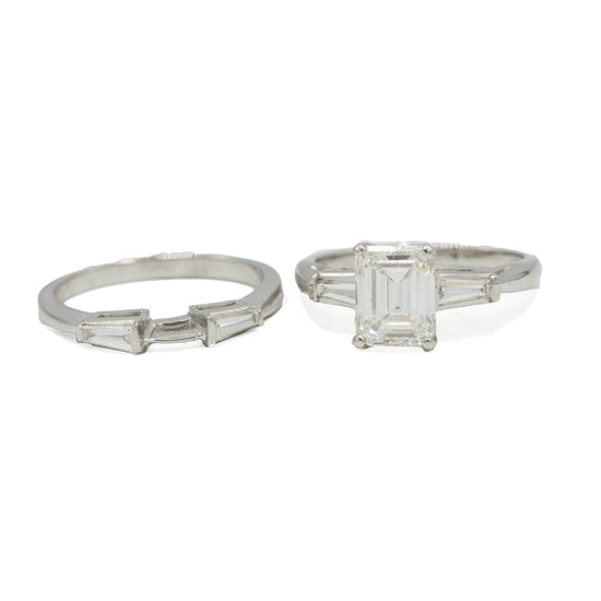 Platinum 1.61ct Emerald with Tapered Baguette Vintage Diamond Ring