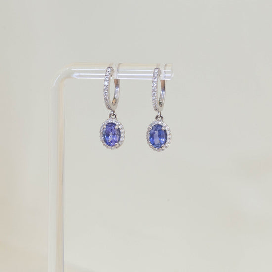 2.02ctw Oval Sapphire Halo Dangle Earrings
