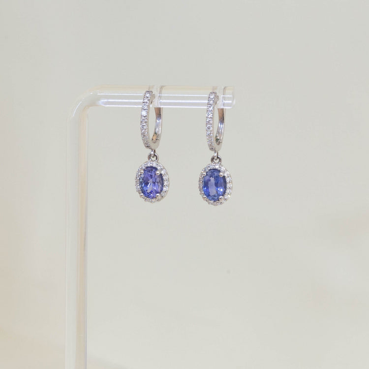 2.02ctw Oval Sapphire Halo Dangle Earrings