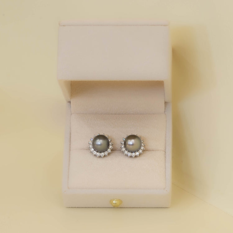 14kw Tahitian & Diamond Halo Stud Earrings