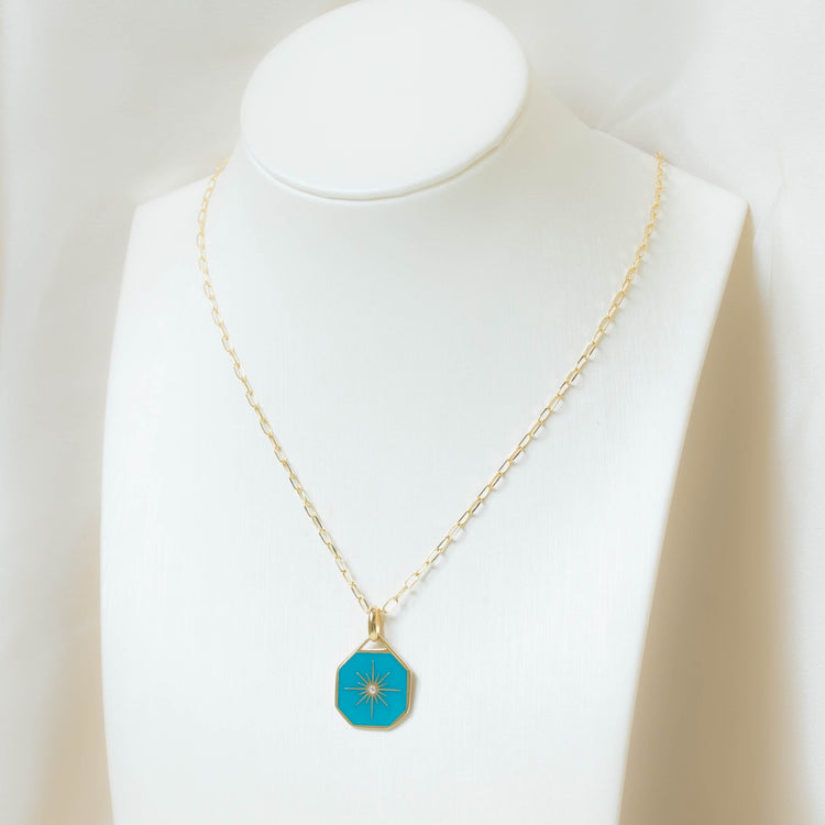 Teal Enamel Medallion Charm Necklace