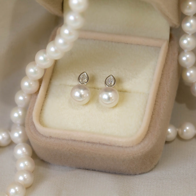 14ky Pearl & Pear-Shaped Diamond Earrings