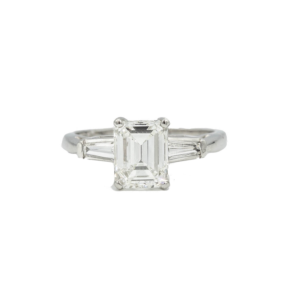 Platinum 1.61ct Emerald with Tapered Baguette Vintage Diamond Ring