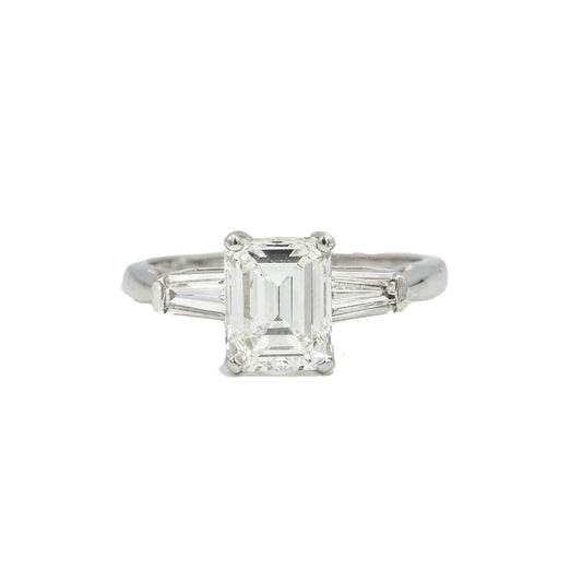Platinum 1.61ct Emerald with Tapered Baguette Vintage Diamond Ring