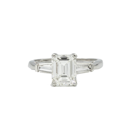 Platinum 1.61ct Emerald with Tapered Baguette Vintage Diamond Ring