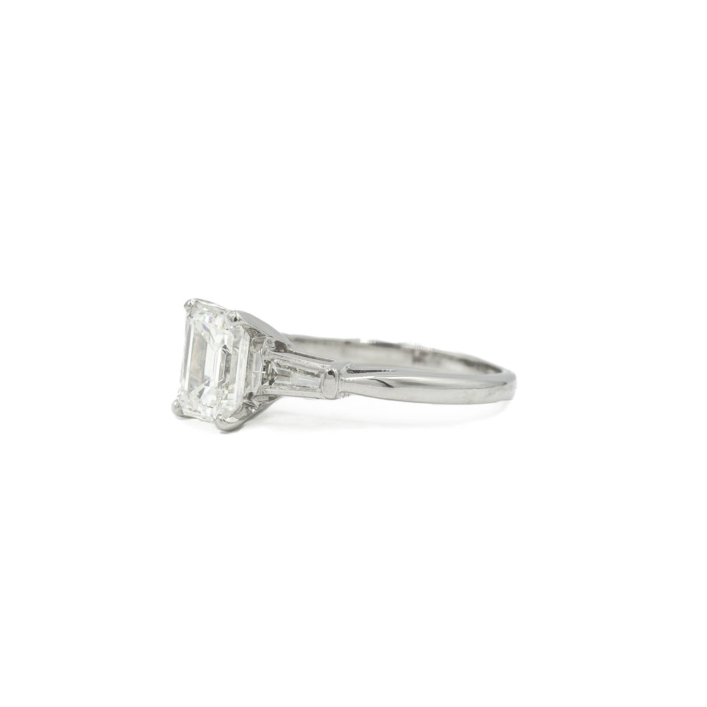 Platinum 1.61ct Emerald with Tapered Baguette Vintage Diamond Ring