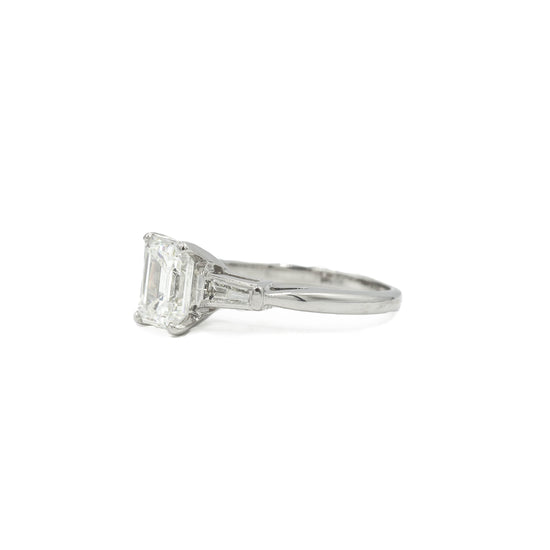 Platinum 1.61ct Emerald with Tapered Baguette Vintage Diamond Ring