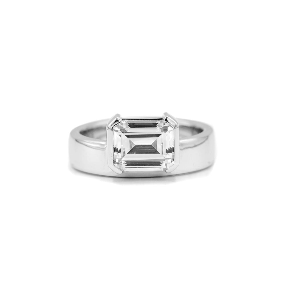 14kw Emerald Half-Bezel Off-Set Diamond Ring