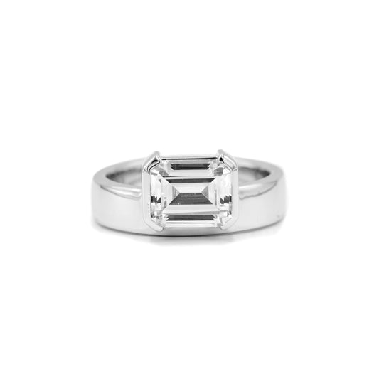 14kw Emerald Half-Bezel Off-Set Diamond Ring
