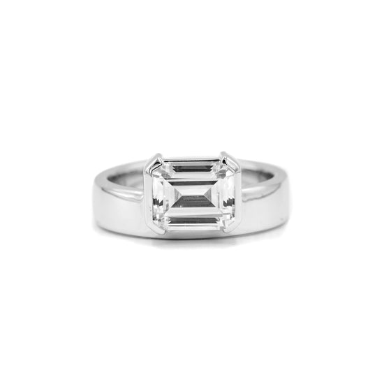 14kw Emerald Half-Bezel Off-Set Diamond Ring