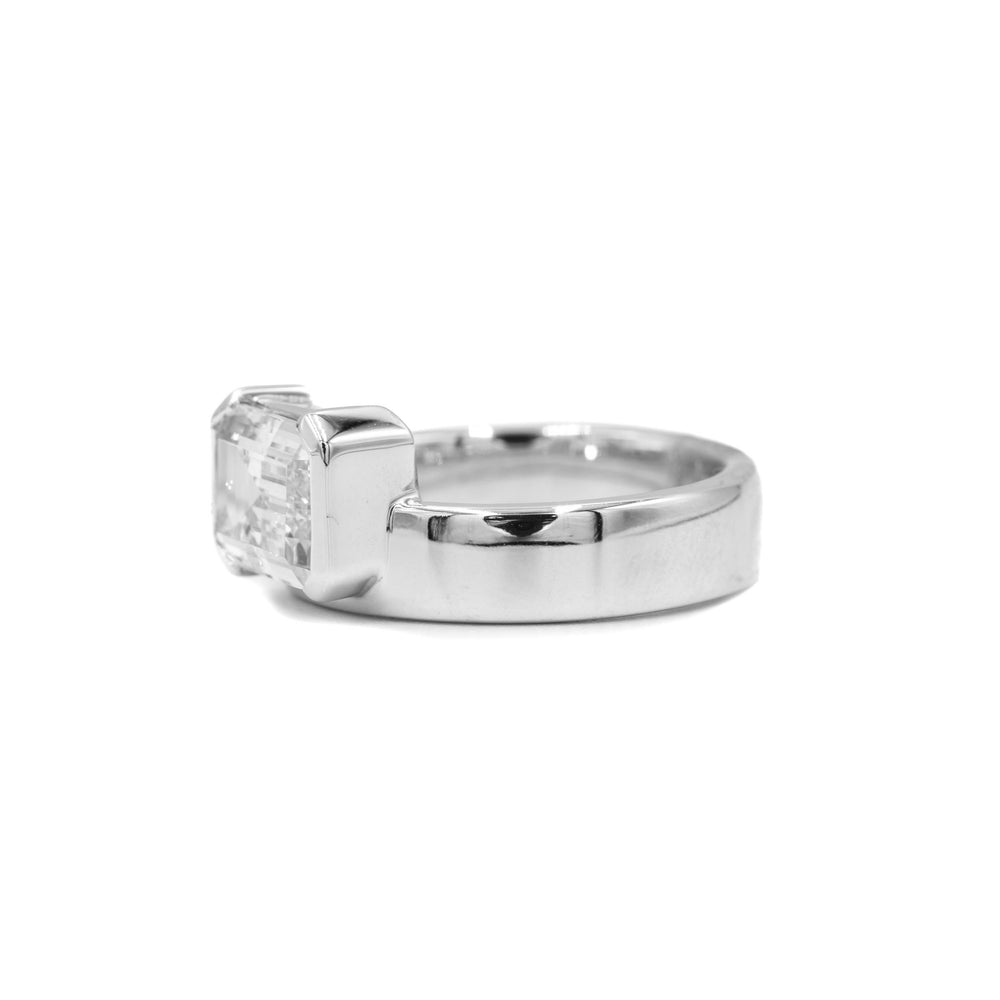 14kw Emerald Half-Bezel Off-Set Diamond Ring