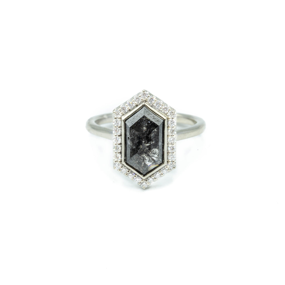 2.37ct Elongated Hex Salt & Pepper Halo Diamond Ring