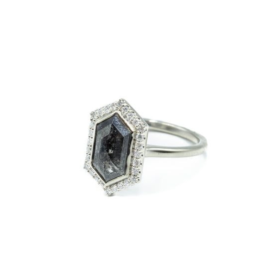2.37ct Elongated Hex Salt & Pepper Halo Diamond Ring