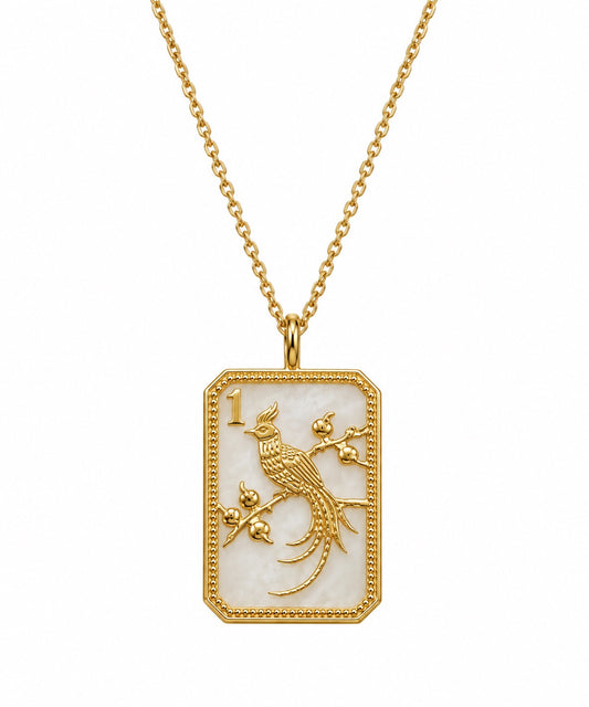 14ky & Mother of Pearl Mahjong 1 Bam Bird Charm Necklace