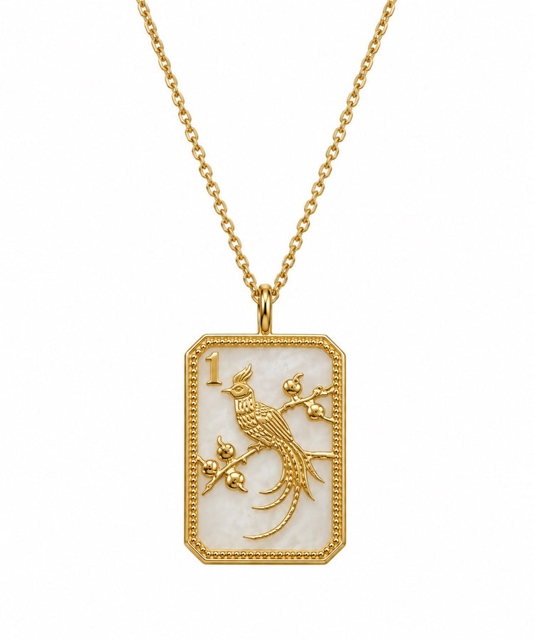 14ky & Mother of Pearl Mahjong 1 Bam Bird Charm Necklace