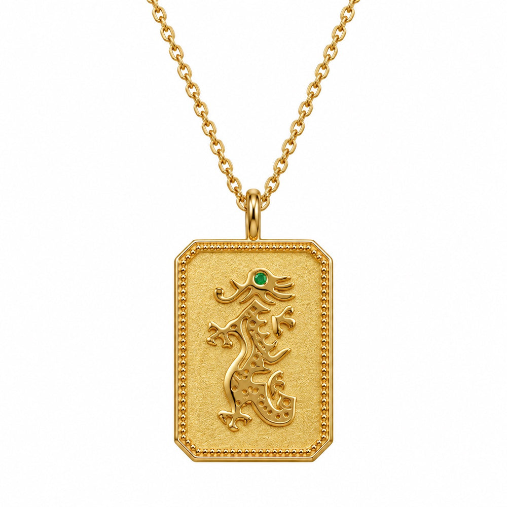 Gold-Plated Mahjong Dragon Charm Necklace With Emerald Gemstone