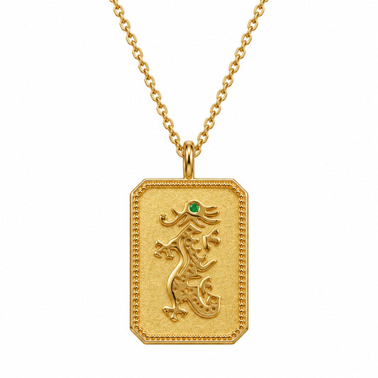 Gold-Plated Mahjong Dragon Charm Necklace With Emerald Gemstone