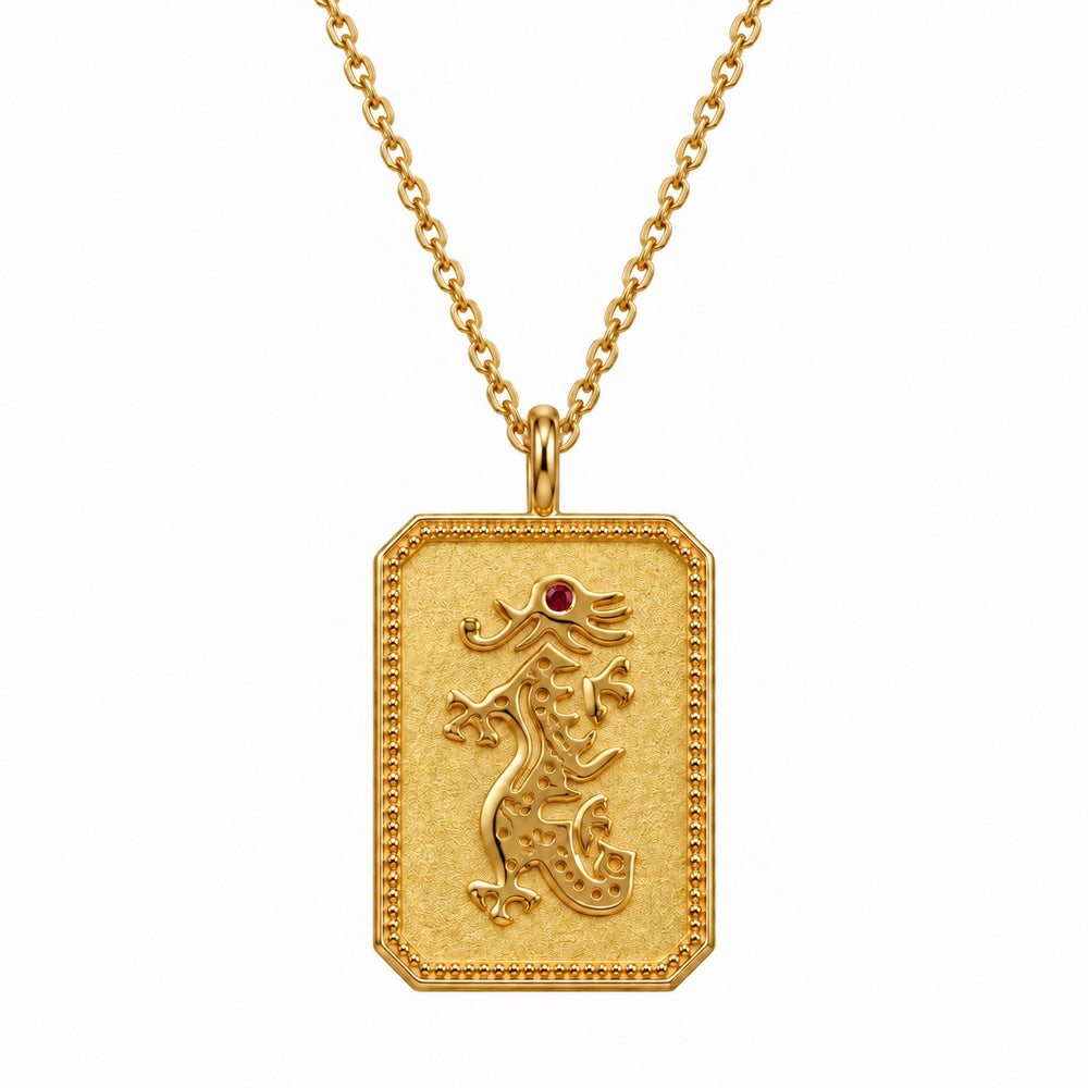 Gold-Plated Mahjong Dragon Charm Necklace With Ruby Gemstone